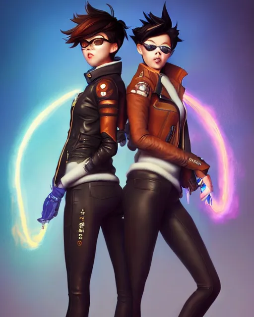Prompt: tracer and mei wearing a leather jacket, perfect face, cinematic, stunning, cute, adorable, strong, highly detailed, psychedelic, digital painting, artstation, smooth, hard focus, illustration, art by jessica rossier and and brian froud