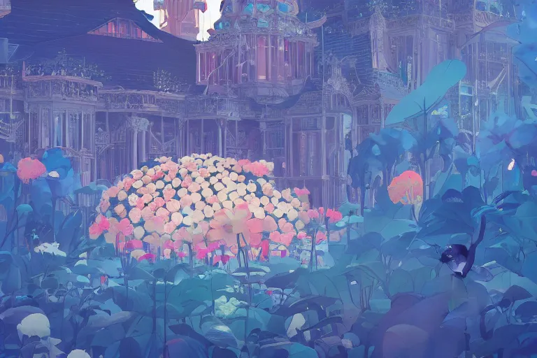 Prompt: A crystal palace ,Surrounded flower, by Mamoru Hosoda and James Jean and beeple, trending on artstation