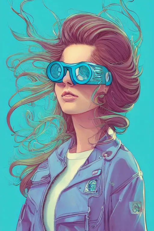 Image similar to portrait painting of a teenage girl with swept back wild aquamarine hair, fashionable, windy, goggles, sharp focus, award - winning, trending on artstation, masterpiece, highly detailed, intricate. art by josan gonzales and moebius and deathburger