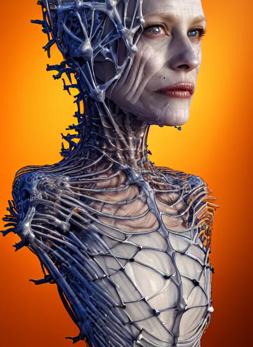 Image similar to 3 / 4 portrait, queen emma, crown, transparent skin, visible muscle and bones and veins and nerves, hyperrealism, detailed textures, photorealistic, 3 d cyberpunk apocalyptic city, futuristic clothing and helmet, ultra realistic, cinematic, intricate, cinematic light, unreal engine 8 k, octane render, unreal engine by david kostic and stanley lau and artgerm