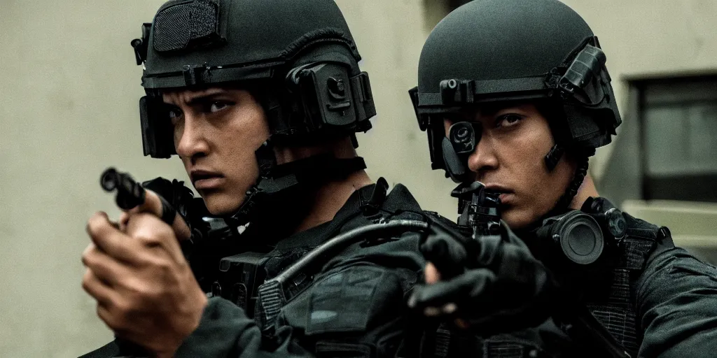 Image similar to vfx film, swat team squad crew, breach and clear, gang house, flat color profile low - key lighting award winning photography arri alexa cinematography, cinematic beautiful natural skin, famous face, atmospheric cool color - grade