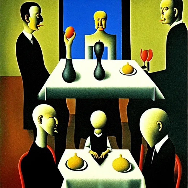 Image similar to a nuclear family staring at their smartphones during dinner, by salvador dali and rene magritte, soft colors, cool lighting, dark, surreal