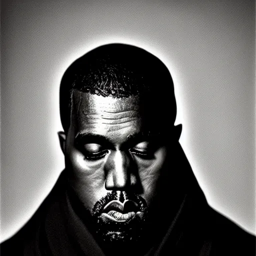 Image similar to a ( ( ( ( ( ( chiaroscuro lighting portrait ) ) ) ) ) ) of kanye west dressed as rick owens, black background, portrait by julia margaret cameron, shallow depth of field, 8 0 mm, f 1. 8