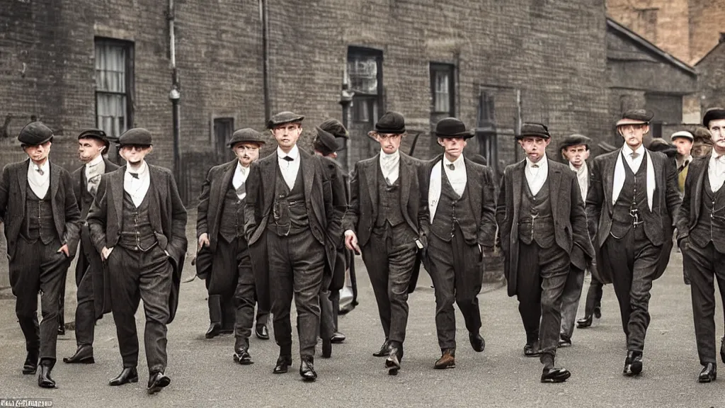 Image similar to a group of shrimps dressed like the peaky blinders