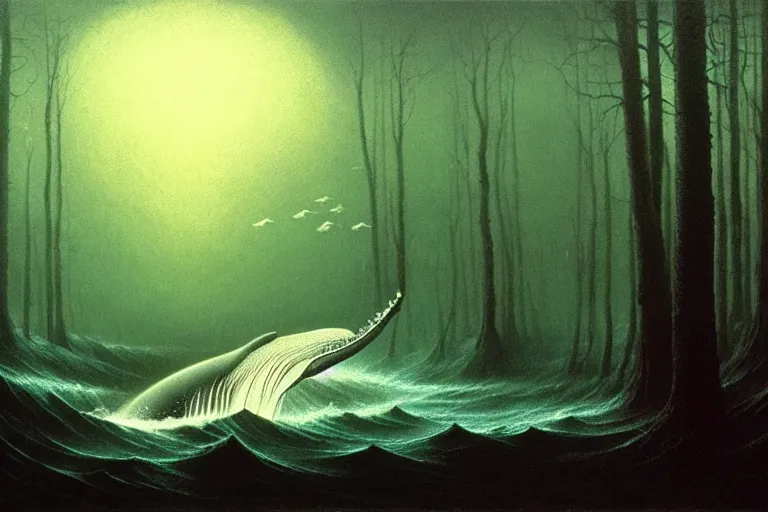 Image similar to whale swimming in forest, in the style of beksinski, intricate and epic composition, white by caravaggio, insanely quality, highly detailed, masterpiece, white light, artstation, 4 k