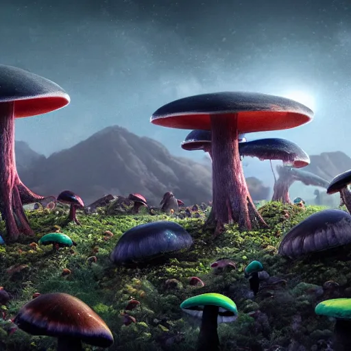 Image similar to scientists take their first steps on a strange alien planet full of mushrooms and other complex fungi, 8 k resolution matte painting trending on artstation