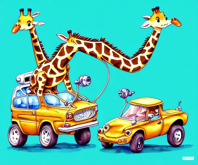 Image similar to cute and funny, giraffe riding in a tiny hot rod with oversized engine, ratfink style by ed roth, centered award winning watercolor pen illustration, isometric illustration by chihiro iwasaki, edited by range murata, tiny details by artgerm and watercolor girl, symmetrically isometrically centered, focused