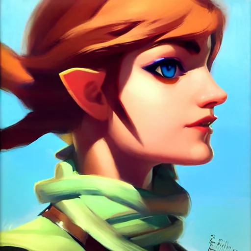 Image similar to portrait of a female Link from legend of Zelda, medium shot, asymmetrical, profile picture, Organic Painting, sunny day, Matte Painting, bold shapes, hard edges, street art, trending on artstation, by Greg Manchess and Gil Elvgren and Sachin Teng