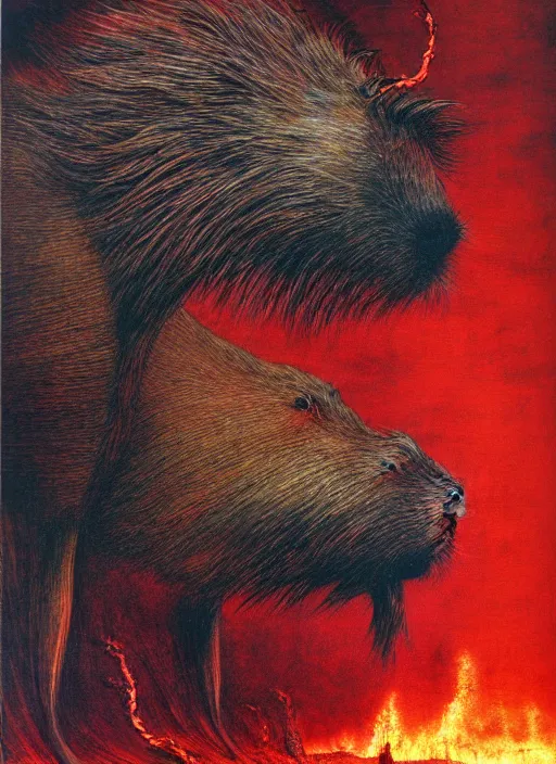 Image similar to a side view of spirit of chthonic demonic capybara with red eyes, on background red lake on fire, highly detailed, art by Ayami Kojima, Beksinski, Giger