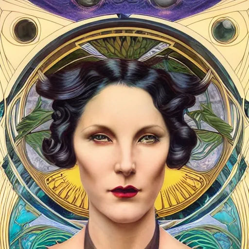 Image similar to an art nouveau, ( streamline moderne ), multi - racial portrait in the style of donato giancola and anna dittmann and charles dulac. very large, clear, expressive, and intelligent eyes. symmetrical, centered, ultrasharp focus, dramatic lighting, photorealistic digital matte painting, intricate ultra detailed background.