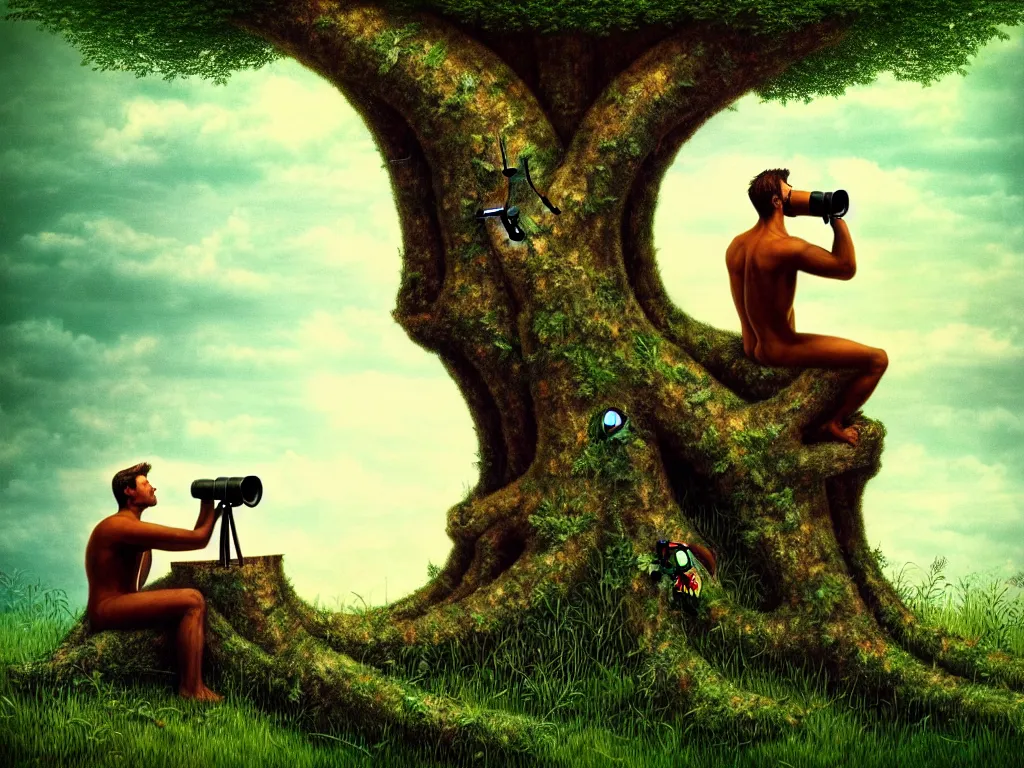 Image similar to highly detailed photo of a man sitting on a tree trunk looking to the left with binoculars, trending on deviantart, neo surrealism, sharp focus, a lot of little details, octane, masterpiece, art by max ernst