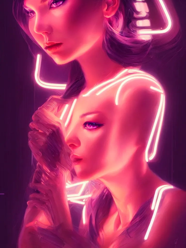 Image similar to portrait of female humanoid from 6 0 s era, intricate, elegant, cyber neon lights, highly detailed, digital painting, artstation, glamor pose, concept art, smooth, sharp focus, illustration, art by artgerm and greg rutkowski