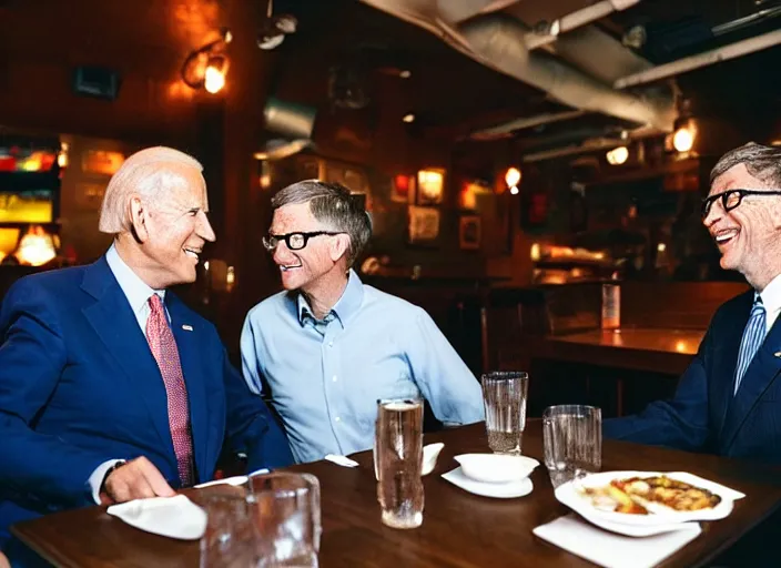 Image similar to Joe Biden and Bill gates, having dinner at a Dive bar restaurant, award winning cinematic photography, 50 mm, blurred background, trending on twitter