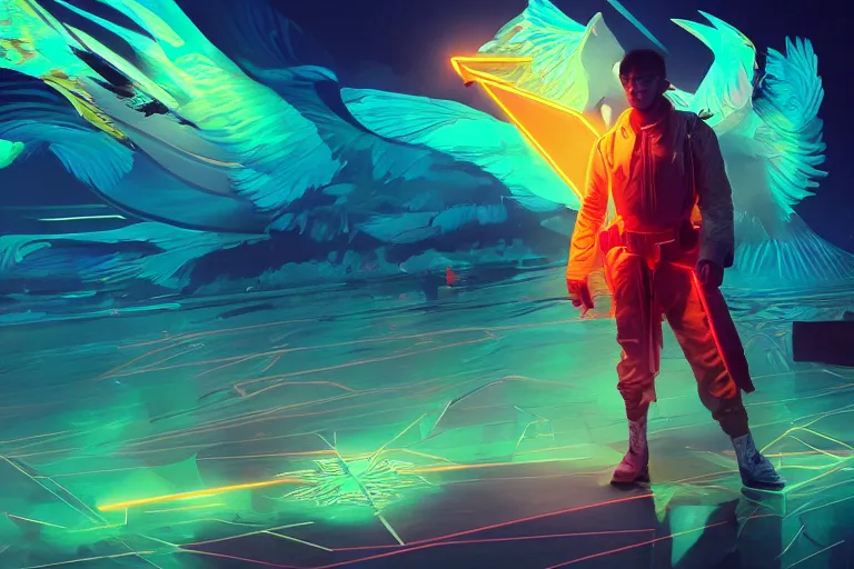 Image similar to wide ((wide)) photo of beautiful Jesse Faden (((dynamic neon lighting)) in solar temple with glowing birds, elegant, highly detailed, sharp focus, illustration, beautiful, geometric, trending on artstation, battlefield, cinematic, artwork by Tran, Ross and Aivazovsky, Ivan