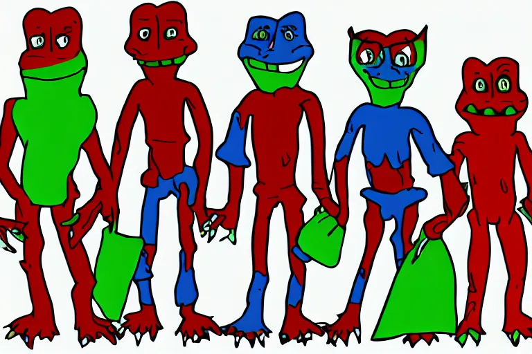 Image similar to red on green blue black simple colors white background simple ms paint doodle of group portrait of grey goblins looking funny looking smug