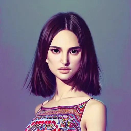 Image similar to a beautiful young japanese natalie portman alluring gravure model, wearing elegant designer tank top, elegant tank top with mesoamerican patterns, by wlop and ilya kuvshinov and artgerm and, aesthetic, gorgeous, stunning, alluring, attractive, artstation, deviantart, pinterest, digital art