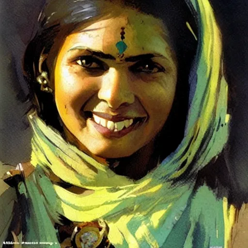 Image similar to a medieval hunter woman from india, cheeky smile, umber color scheme, fantasy character portrait by John Berkey