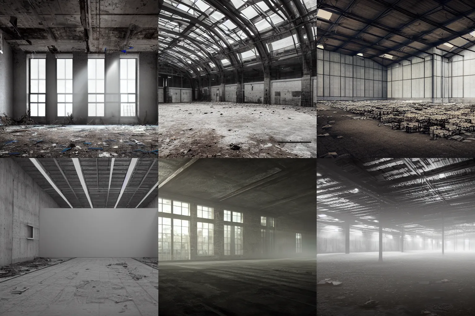Prompt: interior of abandoned warehouse full of boxes and concept art grey light by night