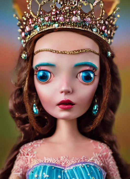 Image similar to closeup face profile portrait of tin toy fairytale princess wearing a crown eating cakes, bikini, depth of field, zeiss lens, detailed, symmetrical, centered, fashion photoshoot, by nicoletta ceccoli, mark ryden, lostfish, breathtaking, 8 k resolution, extremely detailed, beautiful, establishing shot, artistic, hyperrealistic, octane render