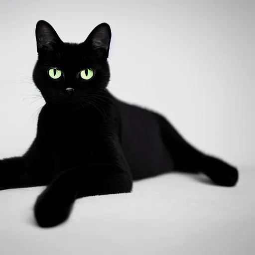 Prompt: national geographic photograph of a green-eyed black cat sitting in a white room