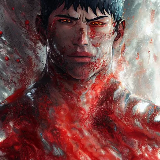 Image similar to portrait of guts from berserk submerged in red water, extremely detailed, made by wlop, maxwell boas, Sakimi chan