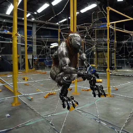 Image similar to publicity photo released by boston dynamics of its prototype metallic orangutan - style robot leaping or swinging or climbing in an obstacle - course while engineers are taking notes.