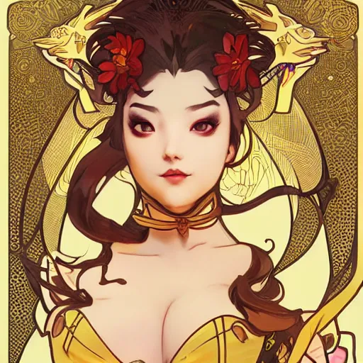 Image similar to digital concept art by artgerm and alphonse mucha. just one lonely attractive asian showgirl in a pikatchu costume!! full body!! contour light effect!! 8 k, black tape project show. stage light. octane render. sharp edge. ultra clear detailed,