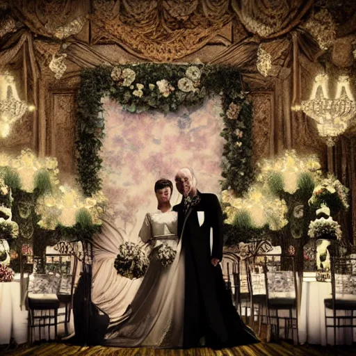 Image similar to A wide full shot, colored black and white Russian and Japanese mix historical fantasy a photograph portrait taken of inside the royal wedding floral covered venue inspired by a enchanted ethereal forest, photographic portrait, warm lighting, 1907 photo from the official wedding photographer for the royal wedding. ultra realistic, photorealistic, octane render, ray cinematic.