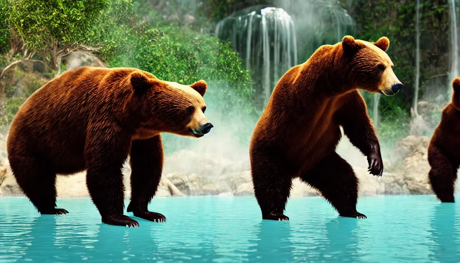 Image similar to fullbody portrait of bears playing capoeira in a hot spring. volumetric light, detailed, photorealistic, fantasy, rendered in octane