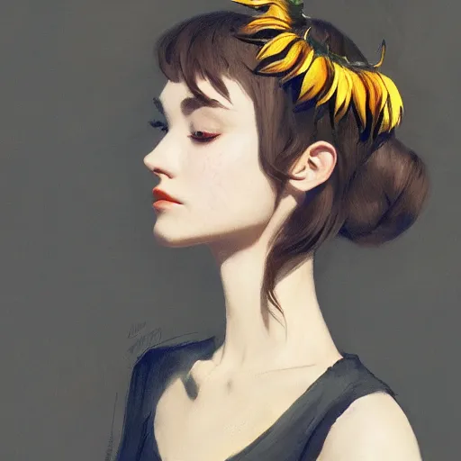 Prompt: sunflower tiara, geometry face tattoo, korean audrey hepburn, vogue magazine, greg rutkowski, john singer sargent, trending on artstation, anime, oil painting, side profile portrait, looking right, serene, intricate