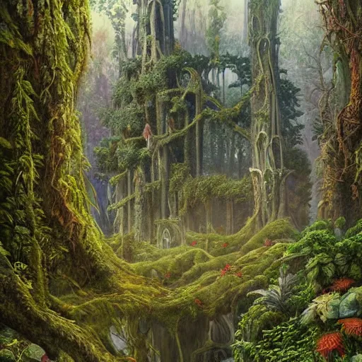 Prompt: a beautiful and highly detailed oil painting of an overgrown elven forest temple in the misty mountains, detailed plants and trees and flowers, intricate details, epic scale, insanely complex, 8 k, sharp focus, hyperrealism, fantasy landscape, psychedelic patterns, by caspar friedrich and james gurney,
