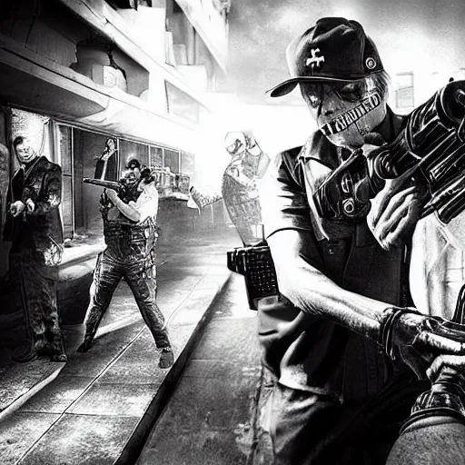 Image similar to “Donald Trump on the Call of Duty Map Der Reise fighting zombies and holding a Ray Gun, 8 mm lens photography”
