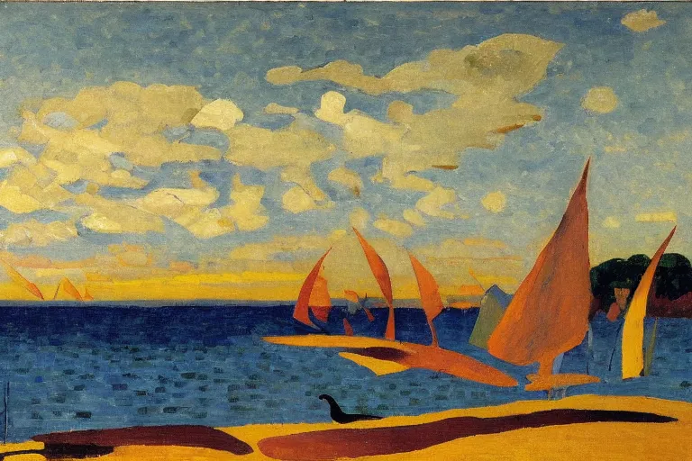 Image similar to A sprawling abstract landscape painting of the Chesapeake bay in the fall, bathed in golden light, peaceful, sailboats, birds in the distance, golden ratio, fauvisme, art du XIXe siècle, oil on canvas by André Derain, Albert Marquet, Auguste Herbin, Louis Valtat, Musée d'Orsay catalogue