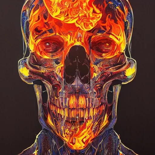 Prompt: art portrait of skeleton made of glass with flames burning inside,8k,refraction,accurate light and reflections,by tristan eaton,Stanley Artgermm,Tom Bagshaw,Greg Rutkowski,Carne Griffiths,trending on DeviantArt,face enhance,hyper detailed,minimalist,cybernetic, android, blade runner,full of colour,