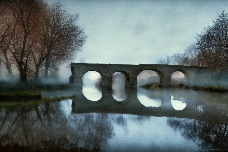 Prompt: masterpiece lomography landscape of ( pont ambroix at ambrussum ), single arch, cinematic lights, 8 k, long exposure, fog in the background, soft blue tones, by gustave courbet, artstation, deviantart