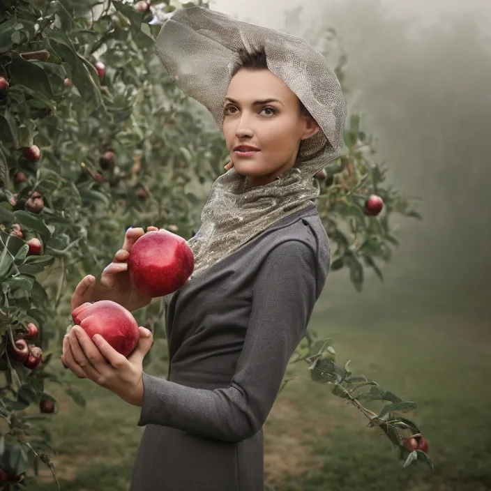 Prompt: a closeup portrait of a woman wearing futuristic material, picking pomegranates from a tree in an orchard, foggy, moody, photograph, by vincent desiderio, canon eos c 3 0 0, ƒ 1. 8, 3 5 mm, 8 k, medium - format print