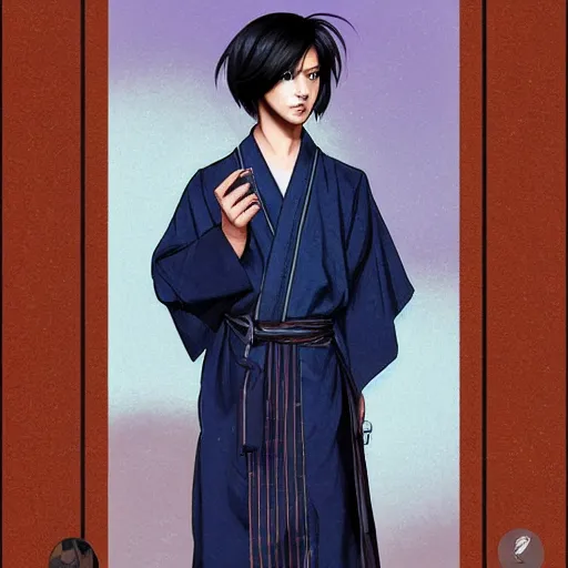 Image similar to teenager boy with straight indigo hair, purple eyes with red eye markers, slim body, wearing a detailed japanese kimono. modern, realistic, looking at the camera, enjoying life!!! elegant, highly detailed, digital painting, artstation, concept art, matte, sharp focus, illustration, art by artgerm and greg rutkowski and alphonse mucha