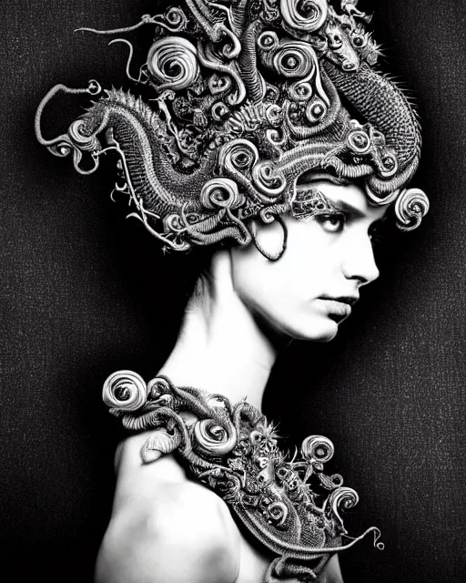 Image similar to dark background, a black and white high quality dreamy photo of a young beautiful female queen-dragon-vegetal-flower-cyborg bust with a very long neck and delicate Mandelbrot fractal face, elegant, highly detailed, flesh highly baroque ornate, hair are curled wired cables, elegant, poetic, soft, dreamy, mysterious, high fashion, rim light, in the style of Ellen von Unwerth, Realistic, Refined, Digital Art, Highly Detailed, Cinematic Lighting, rim light, black and white, photo-realistic, 8K