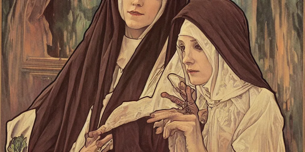 Image similar to a Masterpieces portrait of a skeleton nun in the style of Alphonse Mucha,Realistic style,oil on canvas