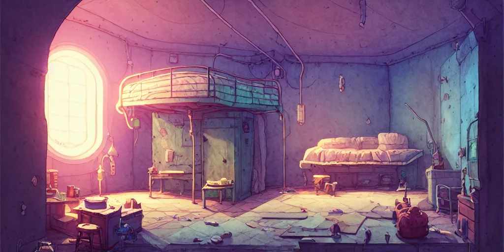 Prompt: room in the sewers, the room is delicate and neat, bed is made, sword rack above the bed, detailed, artstation, 8 k, sci - fi, pastel colors, props, panel, concept, simon stalenhag, in watercolor gouache detailed paintings, moebius, blueprint, building, living room, detailed, posters, sofa