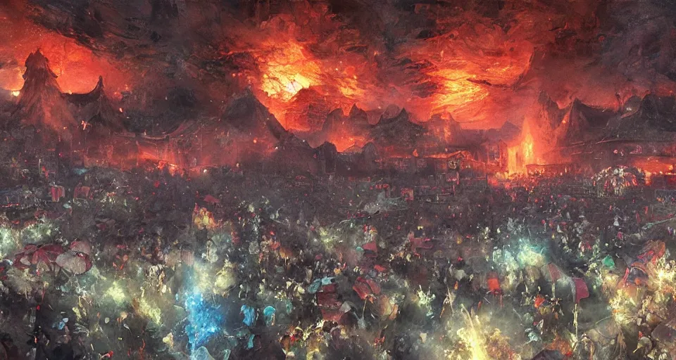 Image similar to craig mullins and ghibli digital art of zhongyuan festival in china ， lanterns ， gohst door with fire in the sky, black night sky, stars, below is the crowd, rivers, villages ， unreal engine, hyper realism, realistic shading, cinematic composition, realistic render, octane render, detailed textures, photorealistic, wide shot