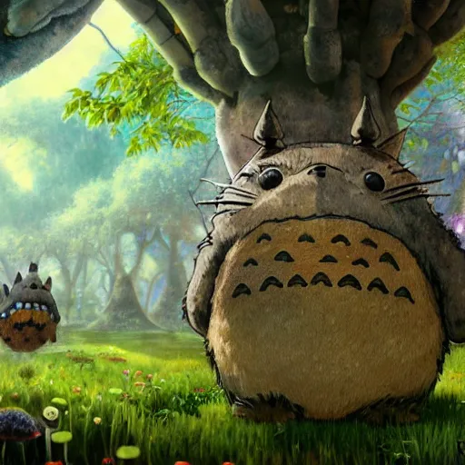 Image similar to totoro tripping on shrooms in wonderland, intricate detail, royo, klimt, miro, vallejo, frazetta, giger, whealan, hd, unreal engine,