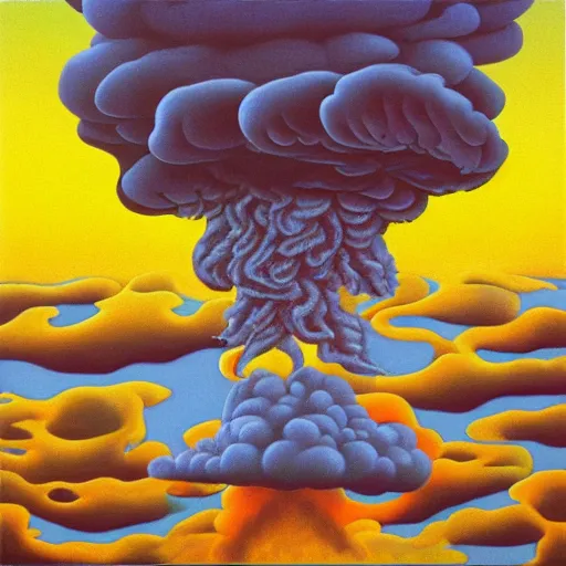 Image similar to 8 0 s new age album cover depicting a mushroom cloud in the shape of guy fieri, very peaceful mood, oil on canvas by mc escher