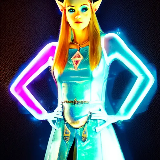 Prompt: princess zelda in a chrome futuristic style, neon accents, iridescent lighting, highly detailed 8k photo,