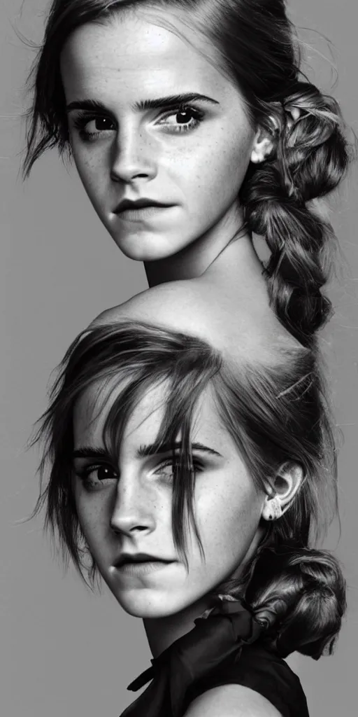 Prompt: Emma Watson closeup face shoulders pigtail hair Vogue fashion shoot by Peter Lindbergh fashion poses detailed professional studio lighting dramatic shadows professional photograph by Cecil Beaton, Lee Miller, Irving Penn, David Bailey, Corinne Day, Patrick Demarchelier, Nick Knight, Herb Ritts, Mario Testino, Tim Walker, Bruce Weber, Edward Steichen, Albert Watson