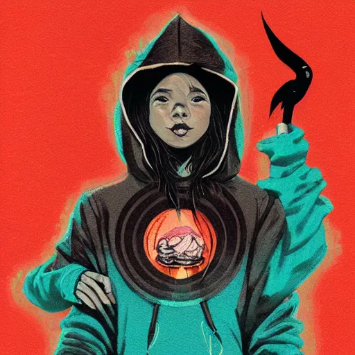 Image similar to portrait of a witch fire with hoodie by Sachin Teng and wlop