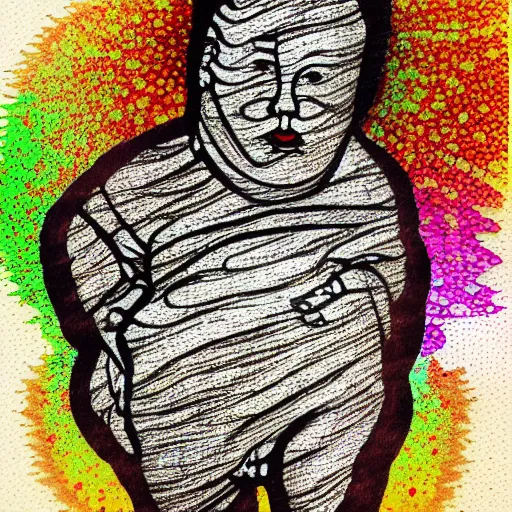 Prompt: hotei budai sketch by egon schiele glitter glitch datamosh minimalism