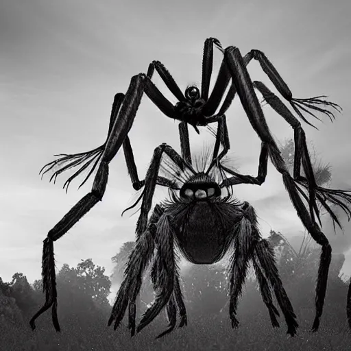 Prompt: giant, monster spider 20 meters tall BW