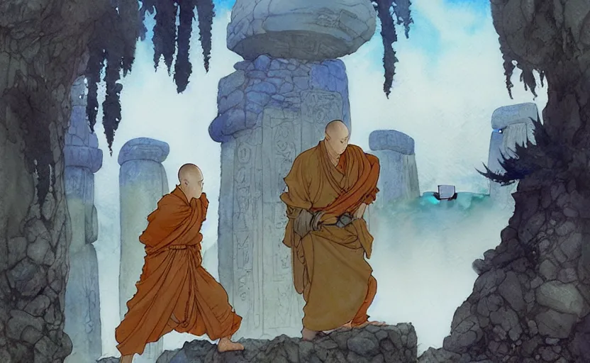 Prompt: a hyperrealist anime watercolor fantasy concept art of a giant monk with a big forehead and a small druid with a grey robe in stonehenge on a misty night. in the background several immense stones are floating in the air. by rebecca guay, michael kaluta, charles vess