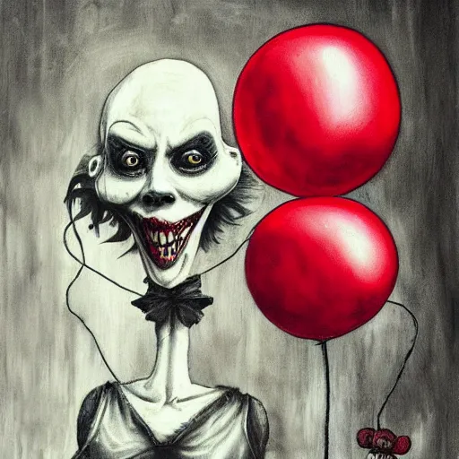 Image similar to grunge painting of creepy pasta with a wide smile and a red balloon by chris leib, loony toons style, pennywise style, corpse bride style, horror theme, detailed, elegant, intricate